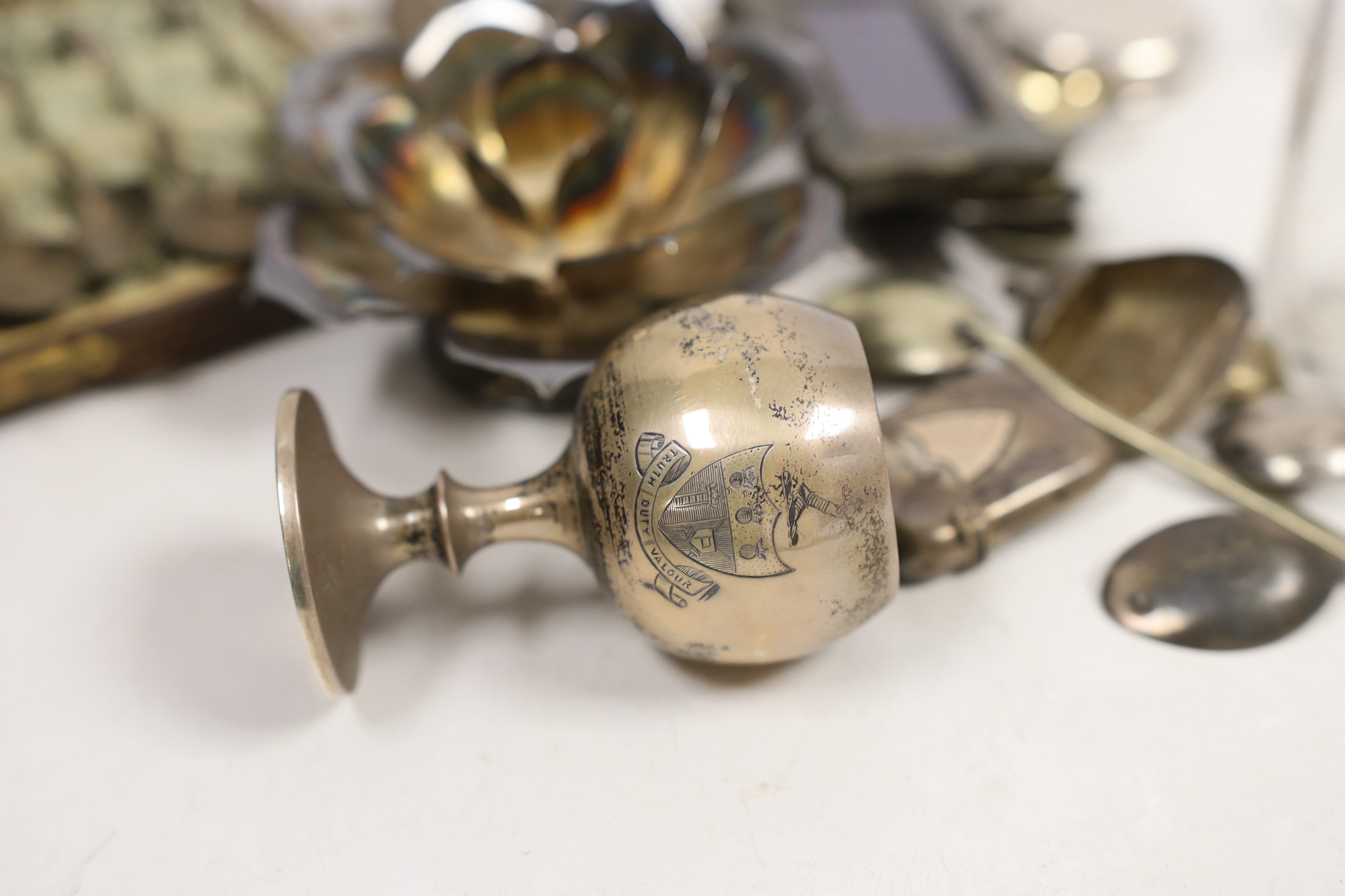 Sundry small silver and sterling items including teaspoons, hanging basket, goblet, miniature photograph frame, etc.